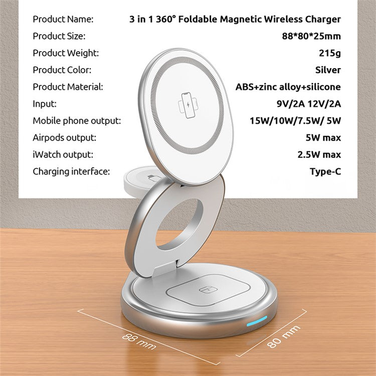 For Apple Watch / Airpods / Iphone Foldable 3-in-1 Magnetic Wireless Charging Stand with Rotatable Base - Silver