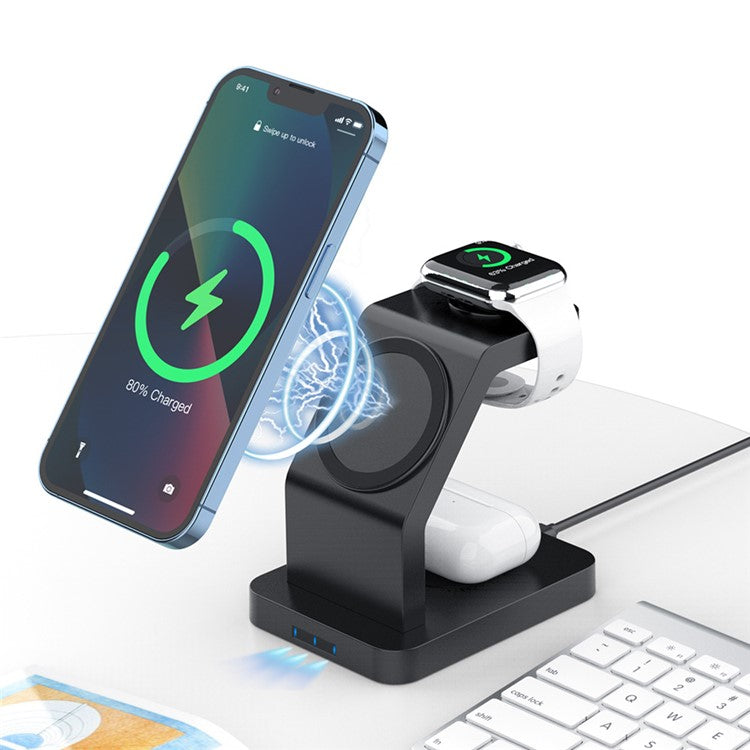 S6 For Iphone / Airpods / Apple Watch 3-in-1 15W Magnetic Wireless Charging Station Desktop Bracket - Black