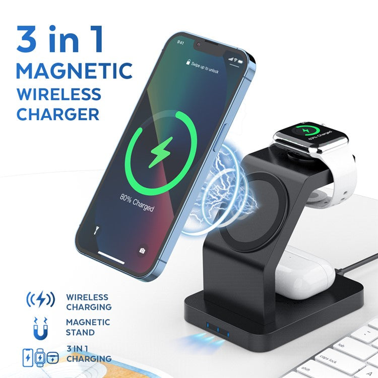 S6 For Iphone / Airpods / Apple Watch 3-in-1 15W Magnetic Wireless Charging Station Desktop Bracket - Black