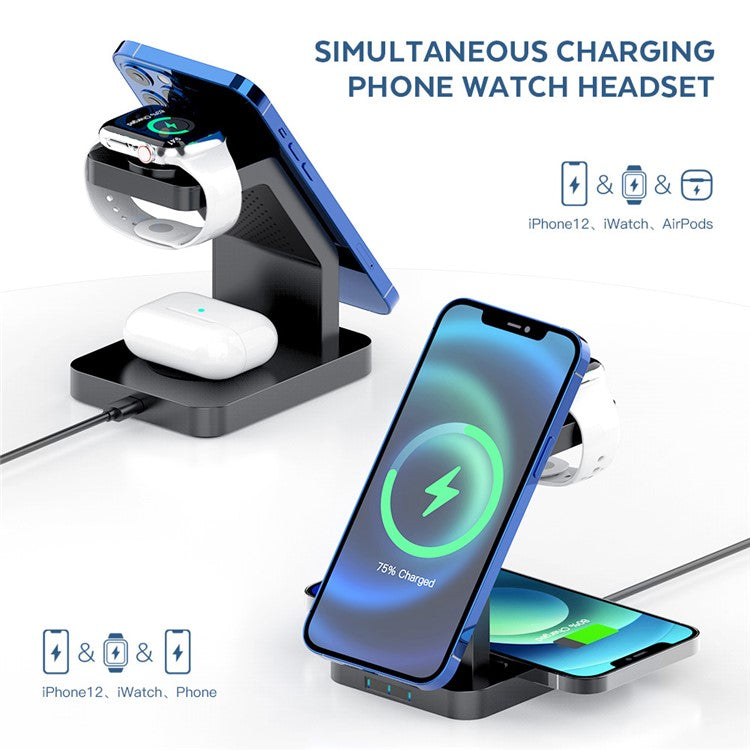 S6 For Iphone / Airpods / Apple Watch 3-in-1 15W Magnetic Wireless Charging Station Desktop Bracket - Black