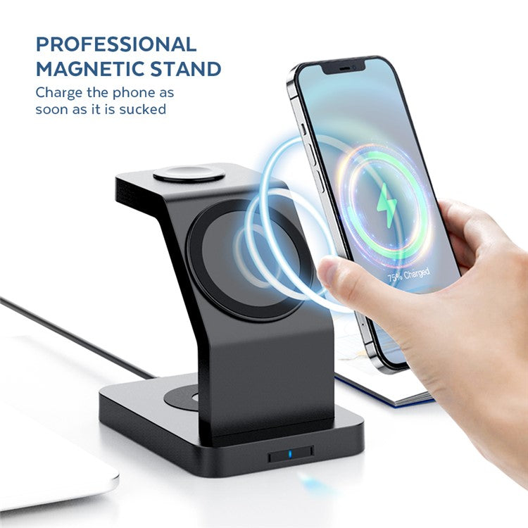 S6 For Iphone / Airpods / Apple Watch 3-in-1 15W Magnetic Wireless Charging Station Desktop Bracket - Black