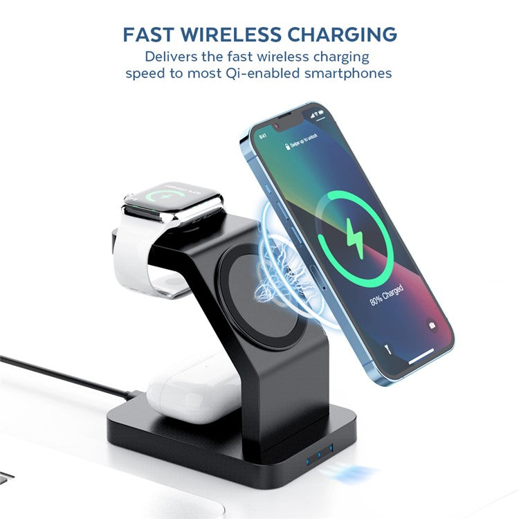 S6 For Iphone / Airpods / Apple Watch 3-in-1 15W Magnetic Wireless Charging Station Desktop Bracket - Black