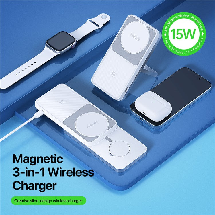 DUZZONA W19 15W Wireless Charger for iPhone 16 Series / Apple Watch 10 / AirPods 4 3-in-1 Sliding Charging Station Stand - White