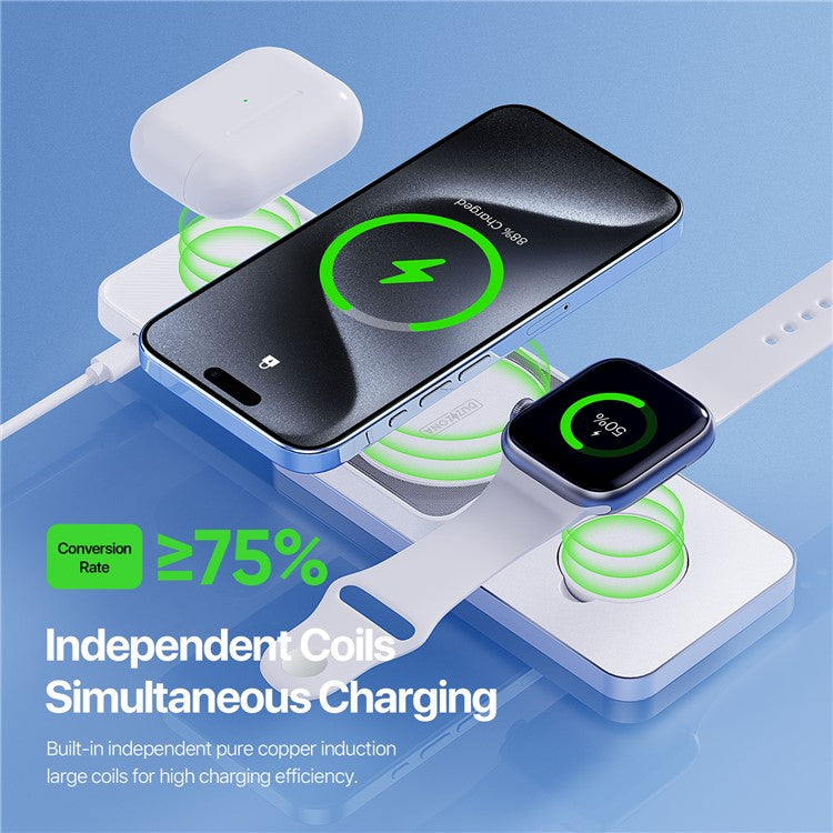 DUZZONA W19 15W Wireless Charger for iPhone 16 Series / Apple Watch 10 / AirPods 4 3-in-1 Sliding Charging Station Stand - White