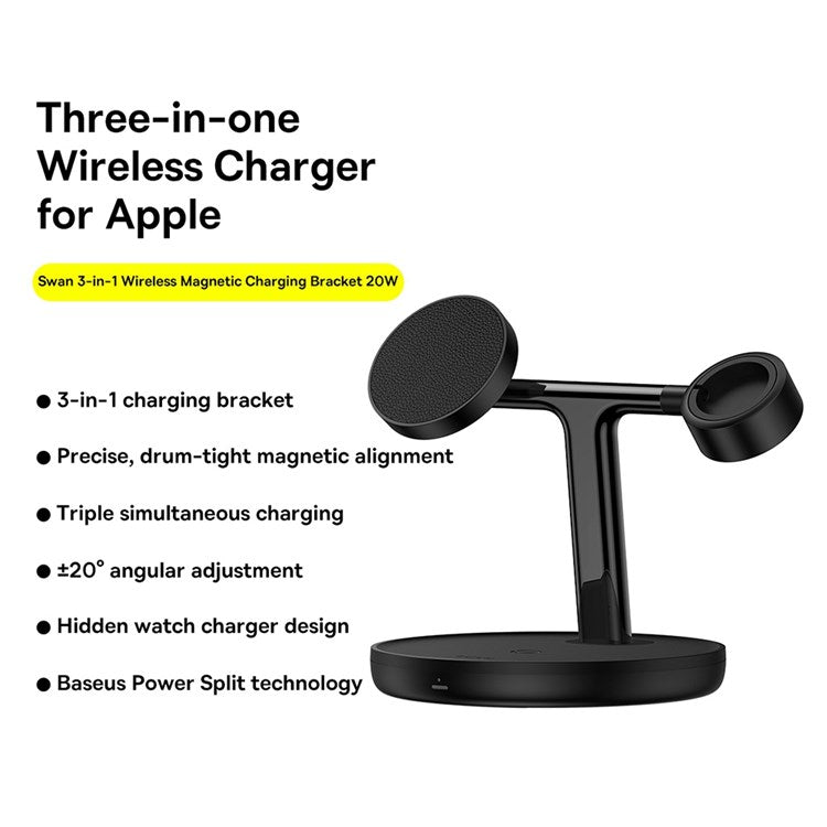 BASEUS Swan 3-in-1 Wireless Magnetic Charging Bracket 20W Cordless Charger Fast Charging Station Support 20-degree Adjustable (Universal Version) - Black