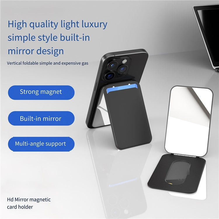 Magnetic Folding Phone Kickstand with Mirror, Lightweight Thin Cell Phone Stick on Card Holder - Navy Blue