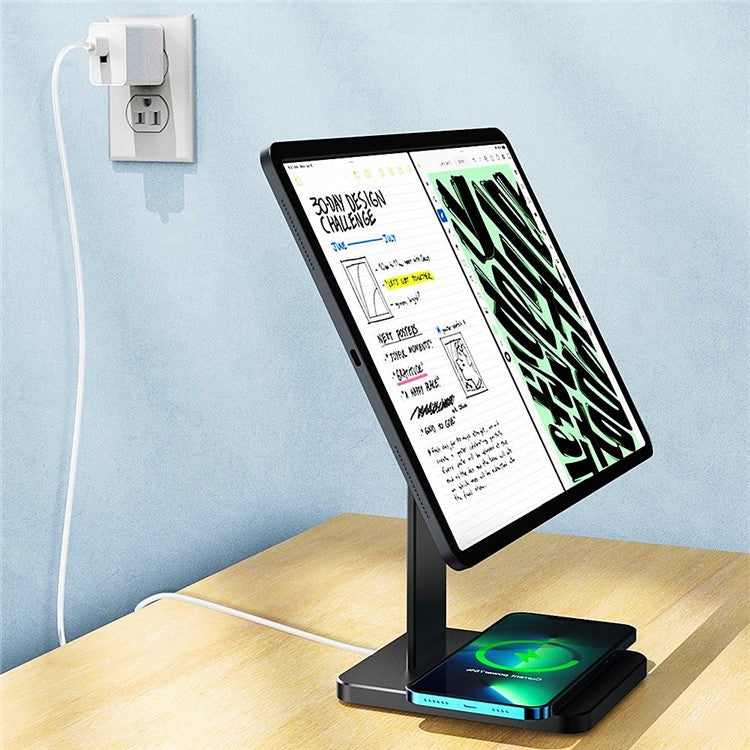 For iPad Pro 11 inch  / Pro 12.9 inch Folding Magnetic Tablet Stand Support for iPhone  /  AirPods Wireless Charging, Detachable Desktop Tablet Holder