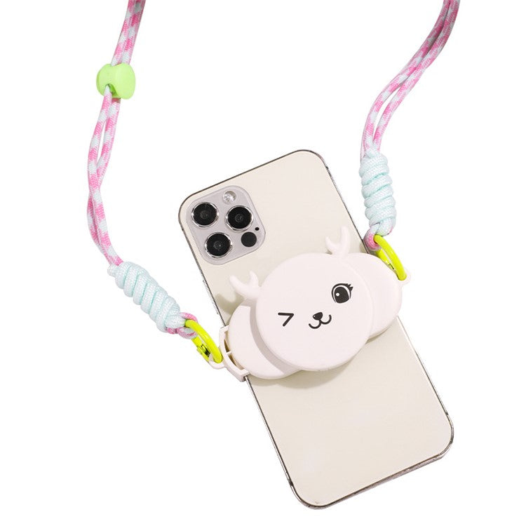 Phone Crossbody Lanyard Rotary Back Clamp Phone Holder Nylon Braided Shoulder Strap with Makeup Mirror Stand - White