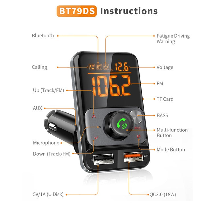 BT79DS Bluetooth 5.0 FM Transmitter 1.44 inch Display Phone Charging Adapter 18W QC3.0 USB Fast Charger Handsfree Car Kit with Fatigue Alarm