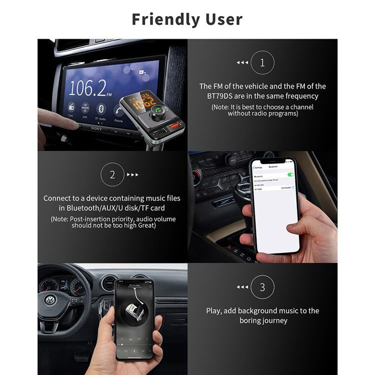 BT79DS Bluetooth 5.0 FM Transmitter 1.44 inch Display Phone Charging Adapter 18W QC3.0 USB Fast Charger Handsfree Car Kit with Fatigue Alarm