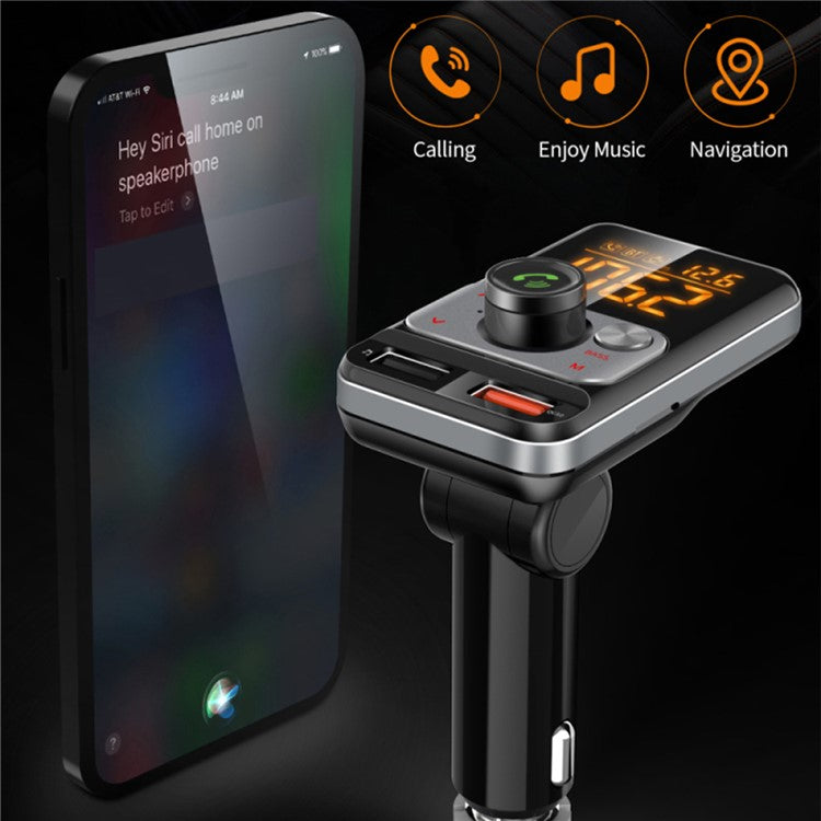 BT79DS Bluetooth 5.0 FM Transmitter 1.44 inch Display Phone Charging Adapter 18W QC3.0 USB Fast Charger Handsfree Car Kit with Fatigue Alarm