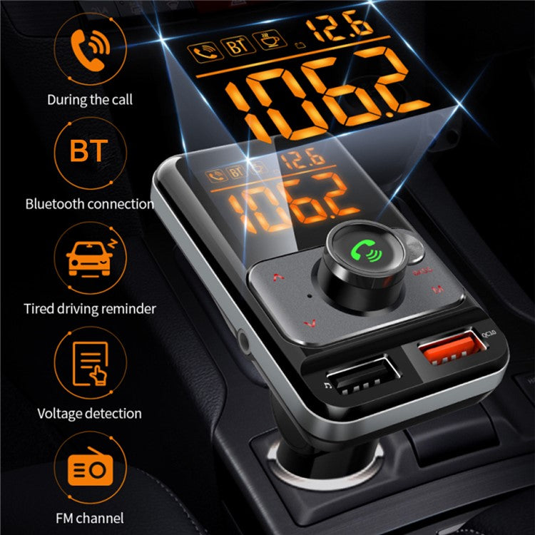 BT79DS Bluetooth 5.0 FM Transmitter 1.44 inch Display Phone Charging Adapter 18W QC3.0 USB Fast Charger Handsfree Car Kit with Fatigue Alarm