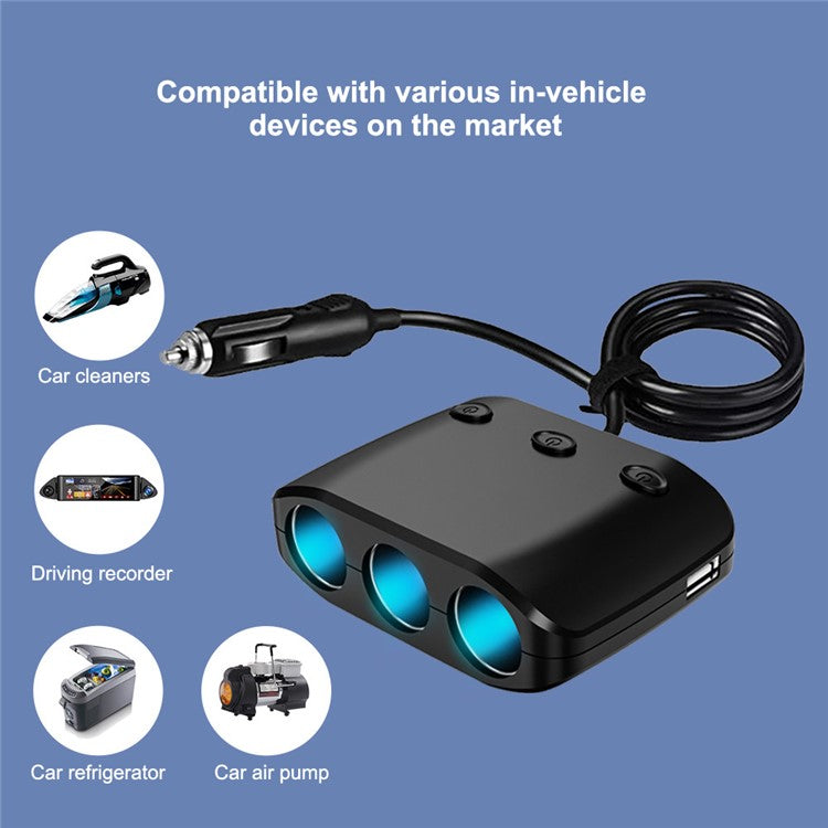 ZNB03S 120W Dual USB Car Charger 3 Cigarette Lighter Sockets Charge Adapter with Independent Switch