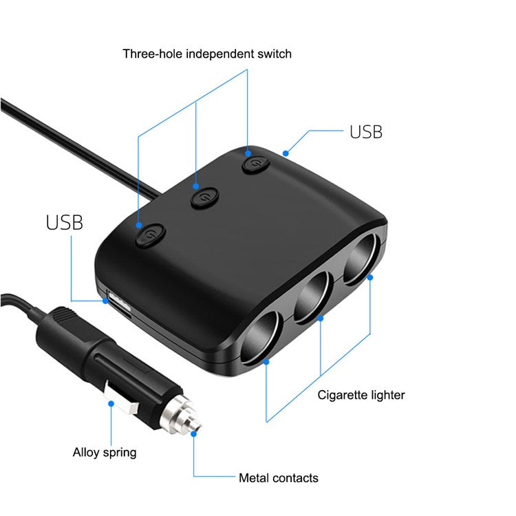 ZNB03S 120W Dual USB Car Charger 3 Cigarette Lighter Sockets Charge Adapter with Independent Switch