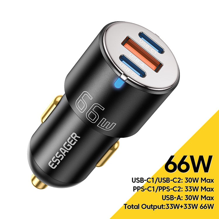 ESSAGER F689 66W Dual USB C+USB A 3 Ports Car Charger Phone Charging Adapter - Black