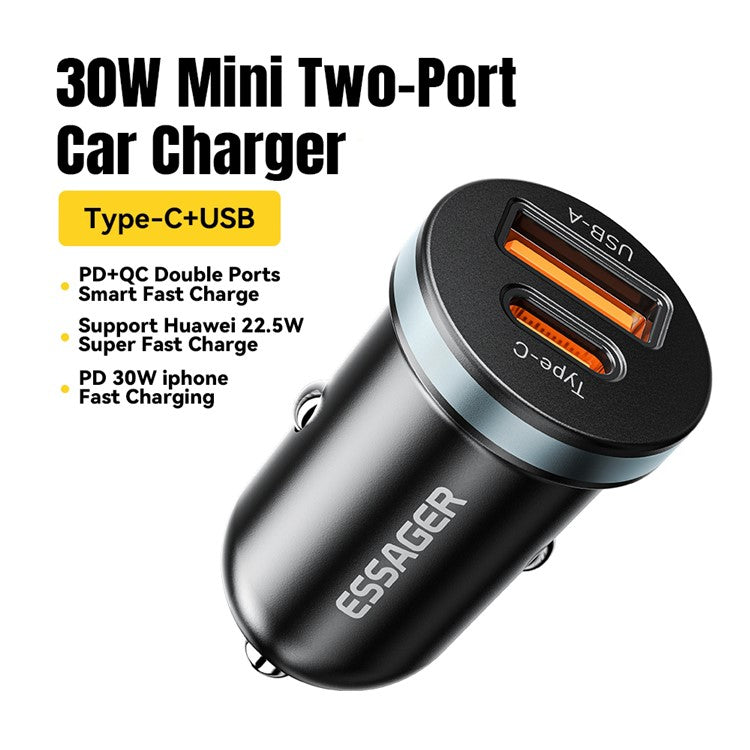 ESSAGER ES-CC12 PD 30W Double Ports Mini Car Charger Lightweight Cigarette Lighter Charger for 12-24V Vehicles