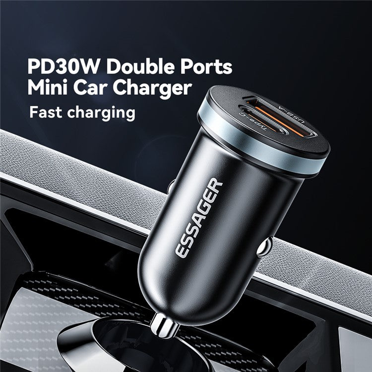 ESSAGER ES-CC12 PD 30W Double Ports Mini Car Charger Lightweight Cigarette Lighter Charger for 12-24V Vehicles