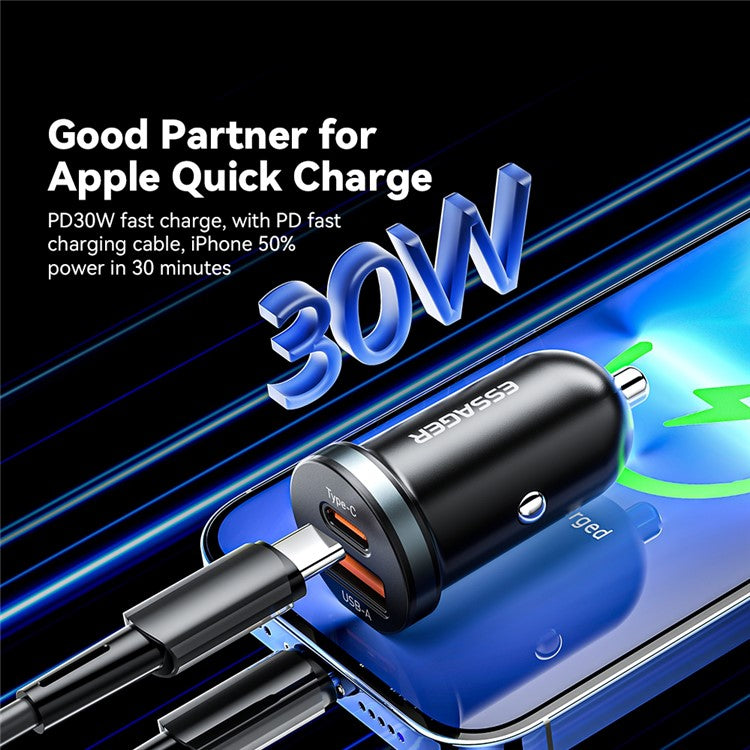 ESSAGER ES-CC12 PD 30W Double Ports Mini Car Charger Lightweight Cigarette Lighter Charger for 12-24V Vehicles