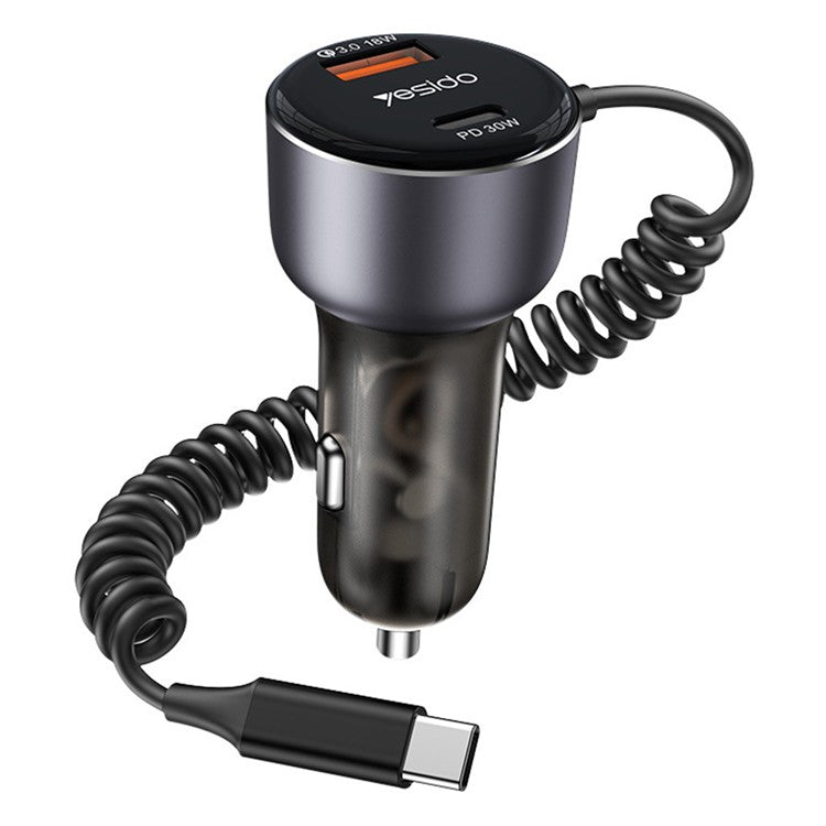 YESIDO Y56 QC3.0 USB + Type-C PD Phone Fast Charging Adapter Car Charger with Spring Type-C Cable