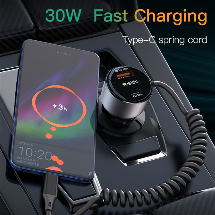 YESIDO Y56 QC3.0 USB + Type-C PD Phone Fast Charging Adapter Car Charger with Spring Type-C Cable