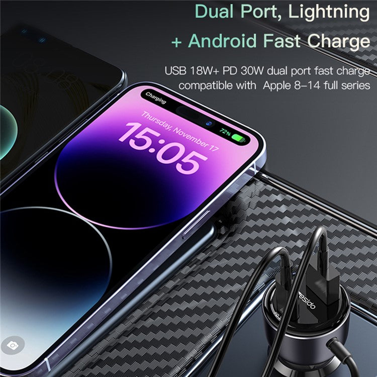 YESIDO Y56 QC3.0 USB + Type-C PD Phone Fast Charging Adapter Car Charger with Spring Type-C Cable