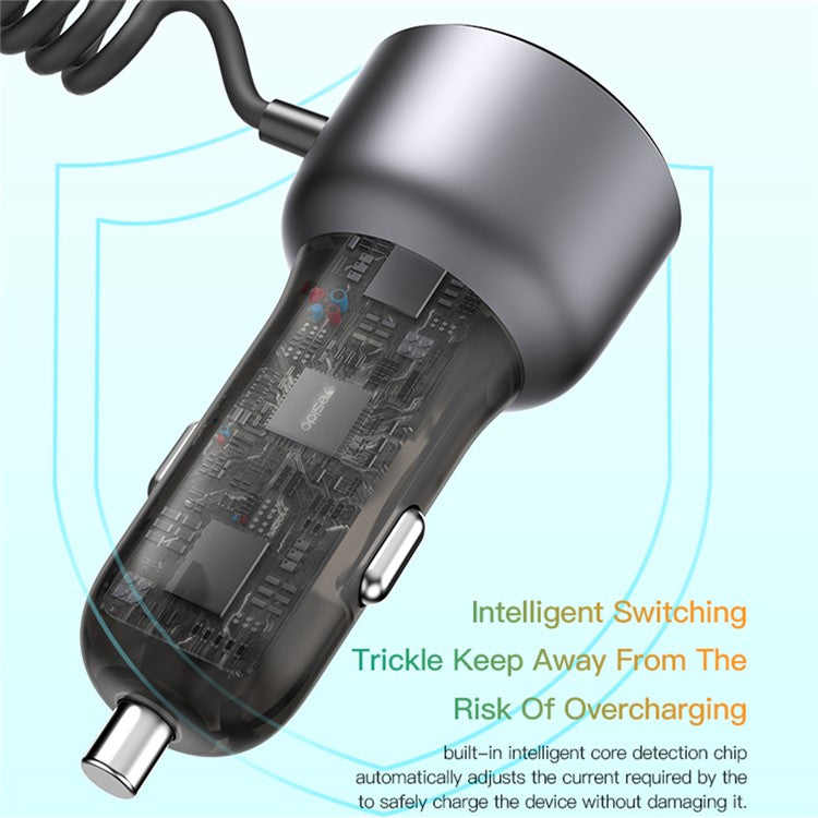 YESIDO Y56 QC3.0 USB + Type-C PD Phone Fast Charging Adapter Car Charger with Spring Type-C Cable