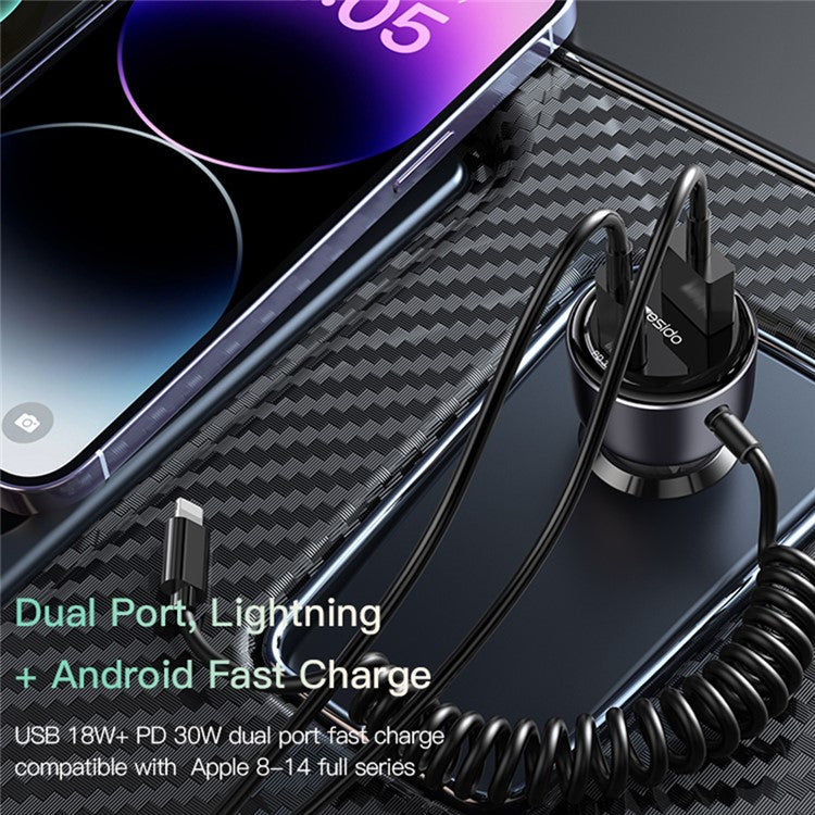 YESIDO Y57 Cell Phone Super Fast Car Charger 50W Cigarette Lighter Car Charger with iP Coiled Cable