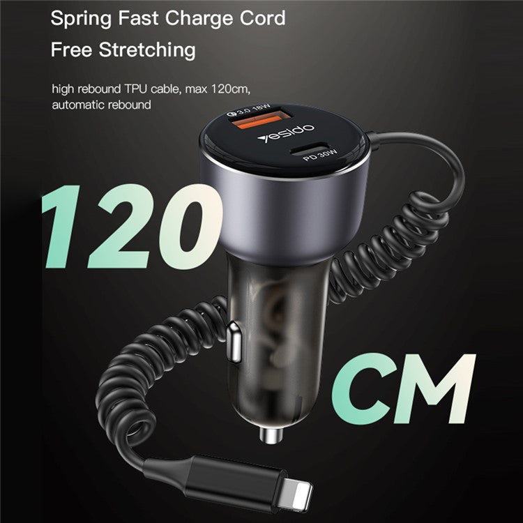 YESIDO Y57 Cell Phone Super Fast Car Charger 50W Cigarette Lighter Car Charger with iP Coiled Cable