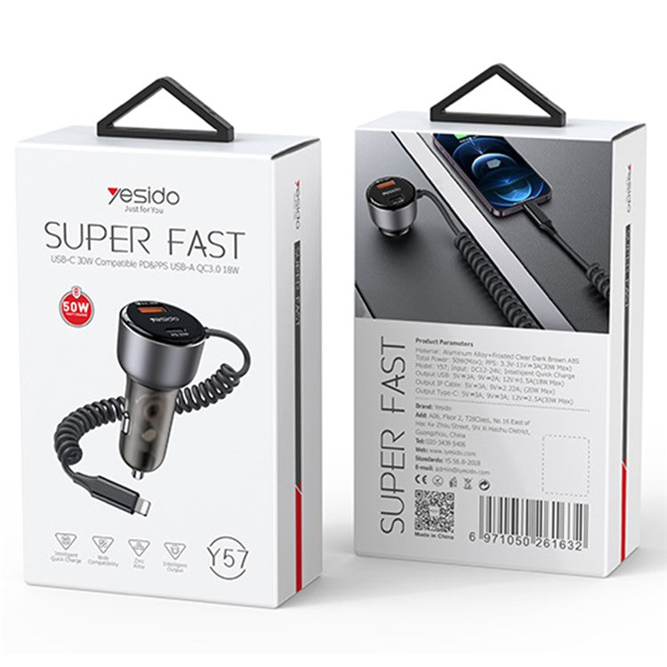 YESIDO Y57 Cell Phone Super Fast Car Charger 50W Cigarette Lighter Car Charger with iP Coiled Cable