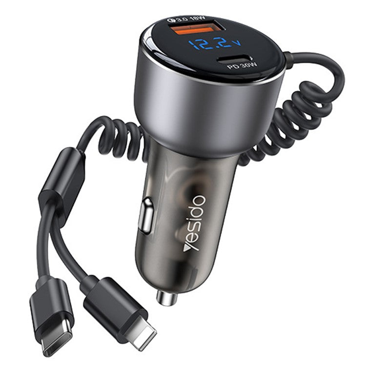 YESIDO Y58 Digital Display Fast Car Charger with iP / Type-C Coiled Cable PD 60W Cigarette Lighter Car Charger