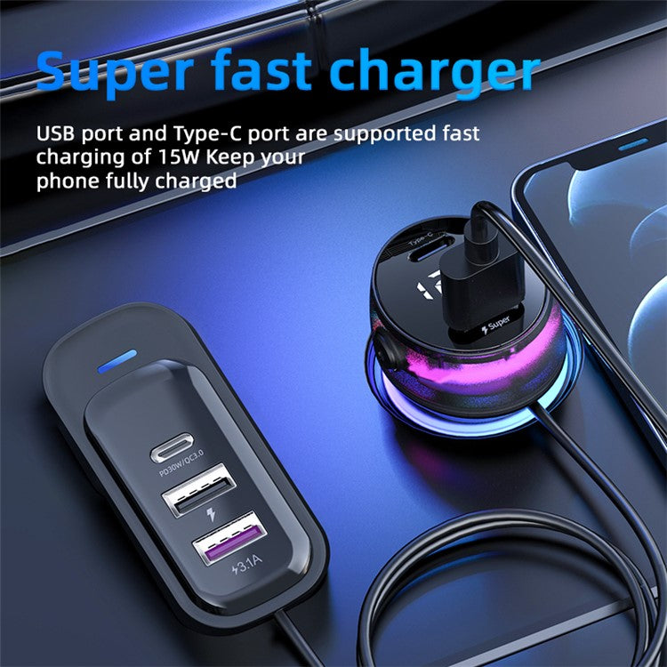 YQ4 Car Charger 5 Ports Charging Adapter with 1.5m Cable for Back Seat Charging