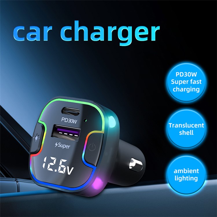 K7 USB+Type-C Car Charger Phone Fast Charging Adapter Cigarette Lighter with Light