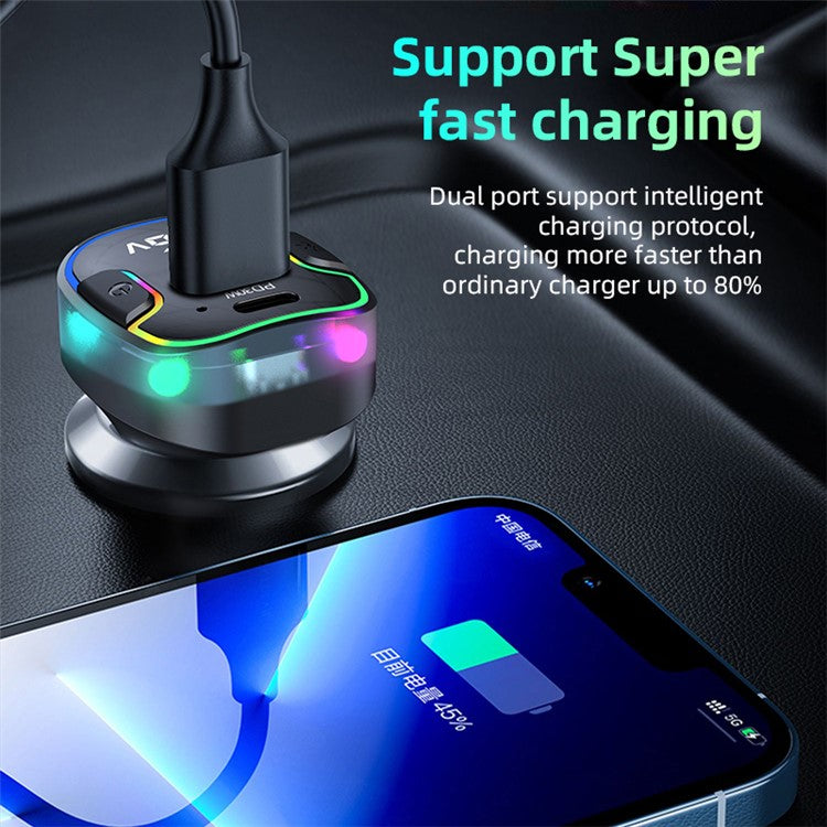 K7 USB+Type-C Car Charger Phone Fast Charging Adapter Cigarette Lighter with Light