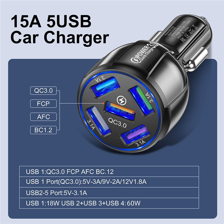 BK-359 Five Charging Ports Car Charger QC 3.0 USB Fast Car Charging Power Adapter - Black