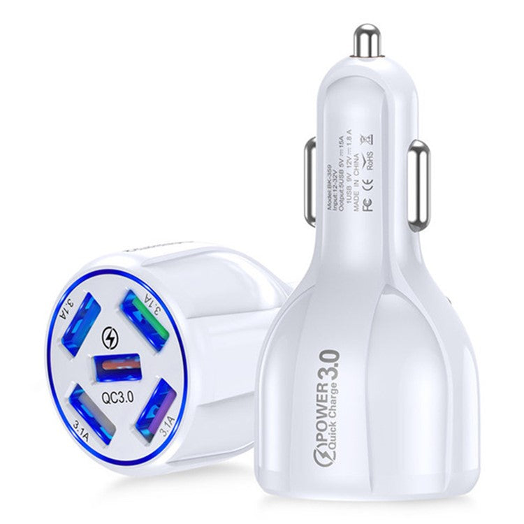 BK-359 Five Charging Ports Car Charger QC 3.0 USB Fast Car Charging Power Adapter - White