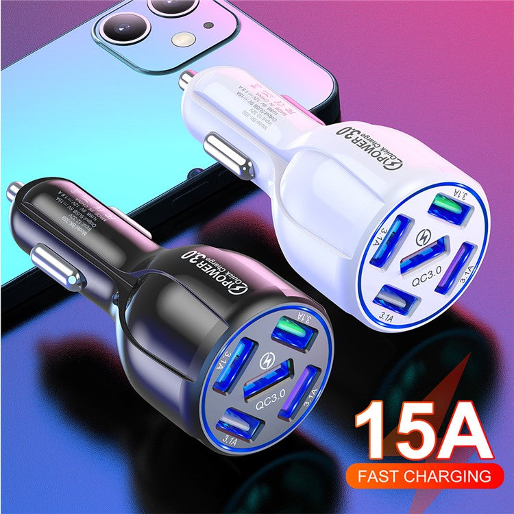 BK-359 Five Charging Ports Car Charger QC 3.0 USB Fast Car Charging Power Adapter - White