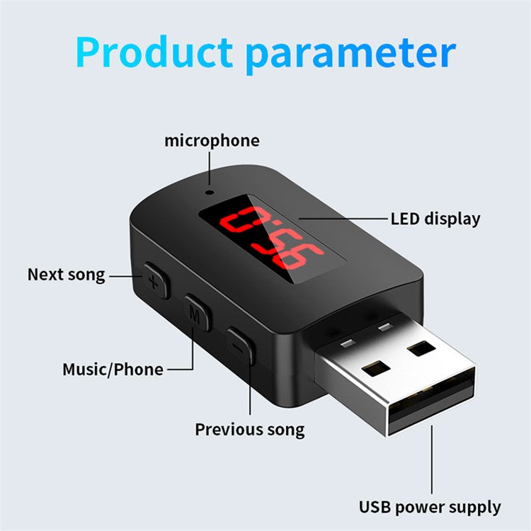 M10 USB Bluetooth 5.4 Adapter Digital Display FM Radio Hands-Free Call Car Wireless Audio Receiver