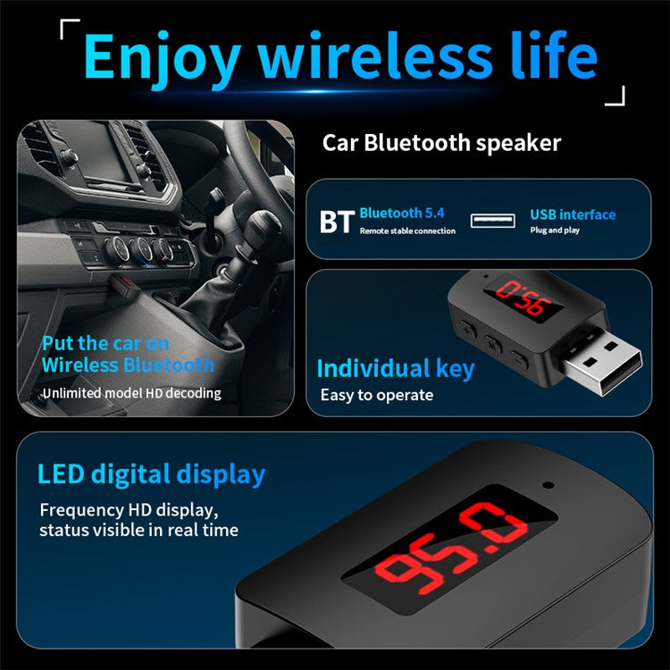 M10 USB Bluetooth 5.4 Adapter Digital Display FM Radio Hands-Free Call Car Wireless Audio Receiver