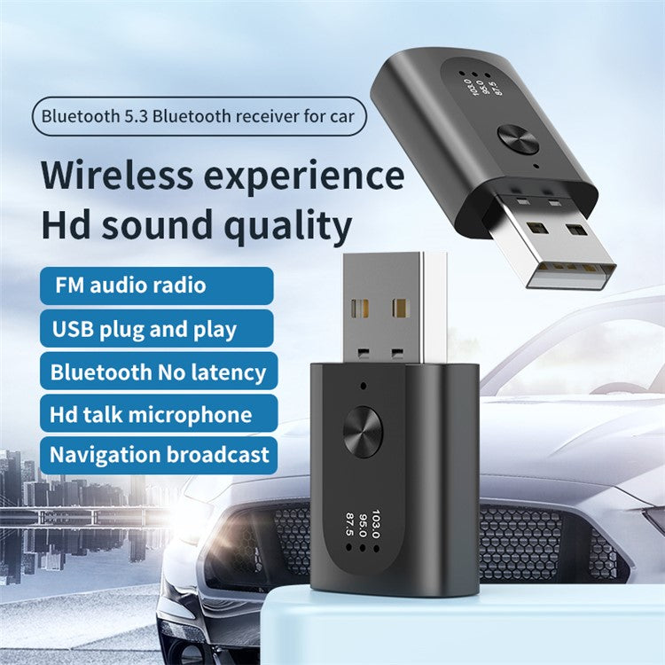 M08 USB Bluetooth 5.3 Adapter FM Radio Hands-Free Call Music Car Wireless Audio Receiver