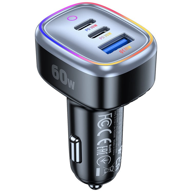 C08 60W USB + Dual USB-C Car Charger Cool Ambient Light Phone Fast Charging Power Adapter