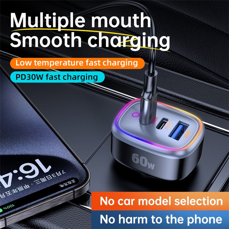 C08 60W USB + Dual USB-C Car Charger Cool Ambient Light Phone Fast Charging Power Adapter