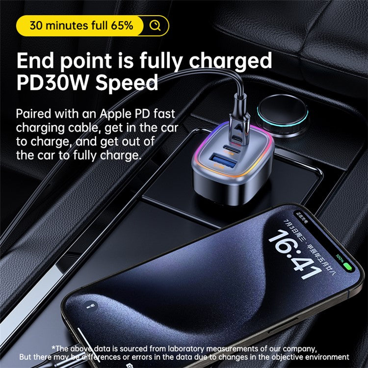 C08 60W USB + Dual USB-C Car Charger Cool Ambient Light Phone Fast Charging Power Adapter