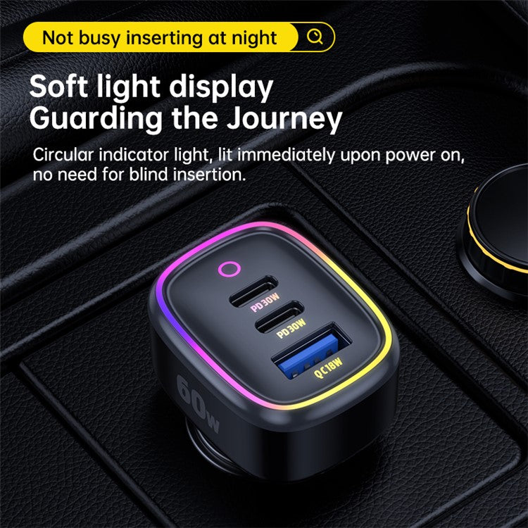 C08 60W USB + Dual USB-C Car Charger Cool Ambient Light Phone Fast Charging Power Adapter