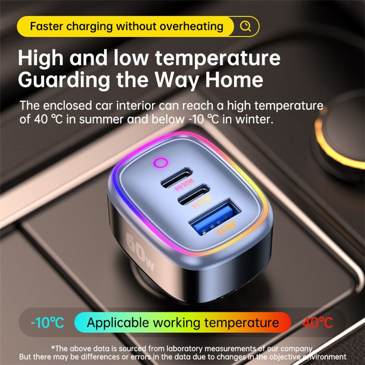 C08 60W USB + Dual USB-C Car Charger Cool Ambient Light Phone Fast Charging Power Adapter