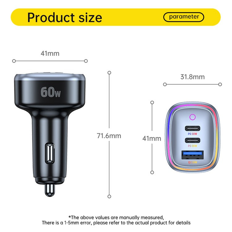 C08 60W USB + Dual USB-C Car Charger Cool Ambient Light Phone Fast Charging Power Adapter