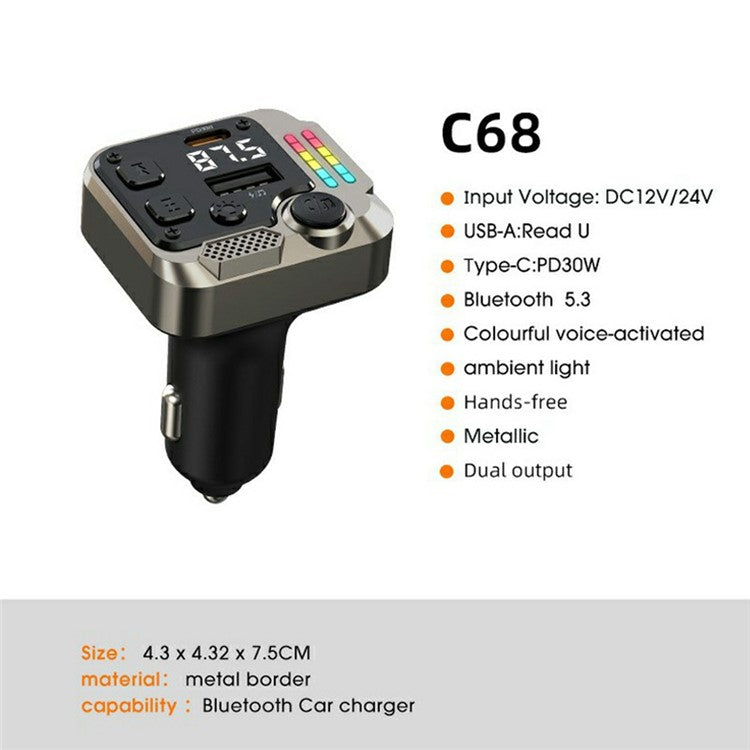 C68 Bluetooth FM Transmitter Car Adapter PD 30W Dual Port Car Charger Music Player Hands-Free Call