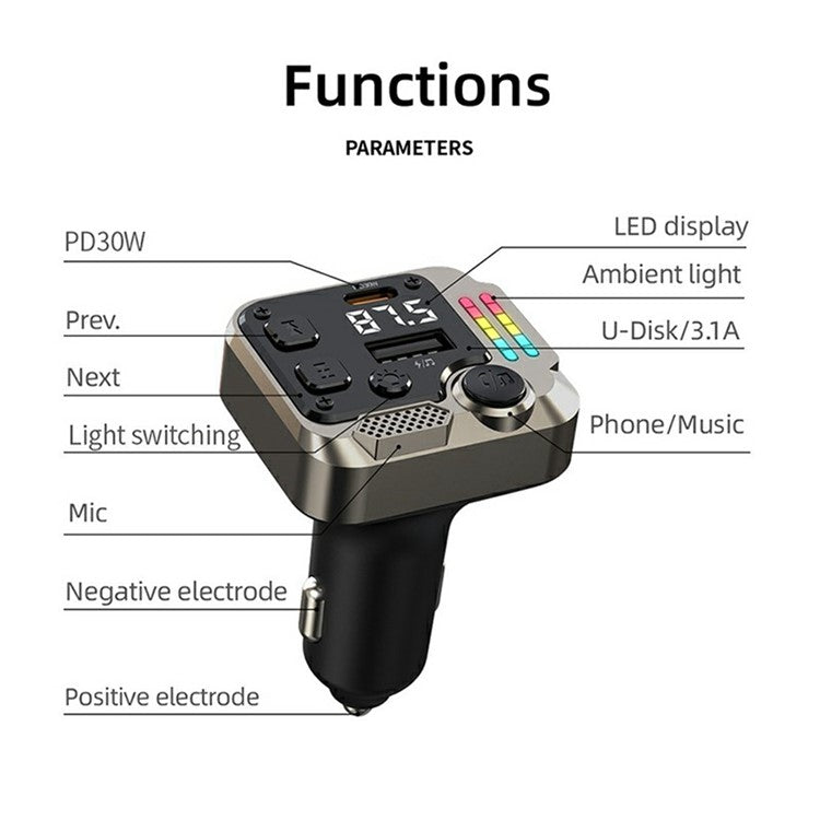 C68 Bluetooth FM Transmitter Car Adapter PD 30W Dual Port Car Charger Music Player Hands-Free Call