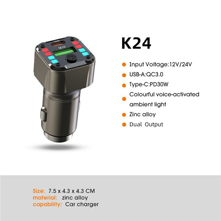 K24 Car Charger PD 30W QC 3.0 Super Charger Dual Ports Car Charging Adapter for iPhone  /  Samsung  /  Huawei