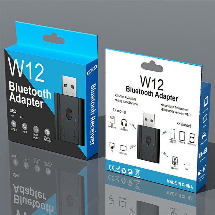 W12 2 In 1 Bluetooth 5.3 Car Audio Transmitter Receiver AUX Adapter USB Dongle