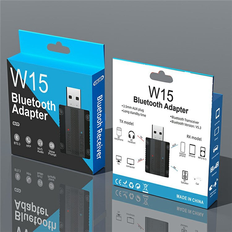 W15 2 In 1 Car Audio Transmitter Receiver Bluetooth 5.3 AUX Adapter USB Dongle